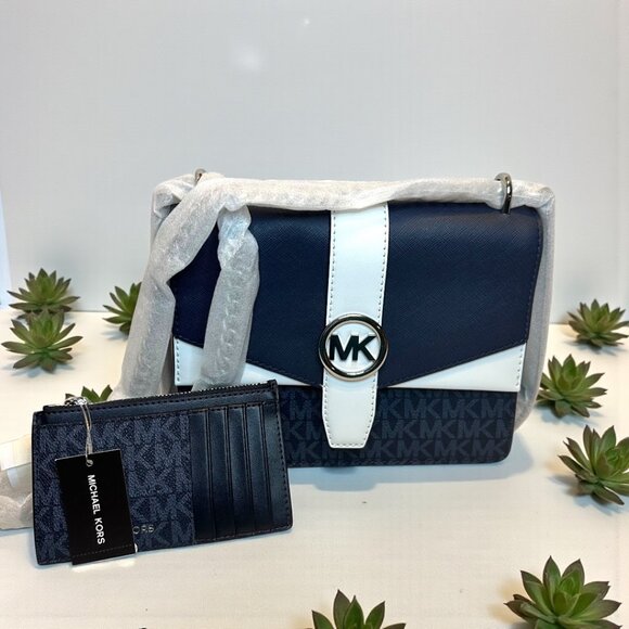 Michael Kors Greenwich Small Color-Block Signature Logo Crossbody Bag in a Navy - Picture 1 of 10